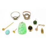 A small group of jewellery including a white metal ring mount and a yellow metal ring mount, a