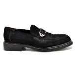 VERSACE; a pair of gentleman's black suede slip-on loafer style shoes with silver tone hardware to