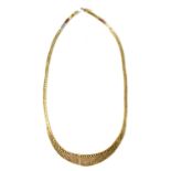 A 9ct gold three-coloured articulated link necklace with chevron pattern, clasp hallmarked 9KT 375,