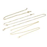Two 9ct gold dainty necklaces to include a box link example, length approx 50cm, the other 43cm,