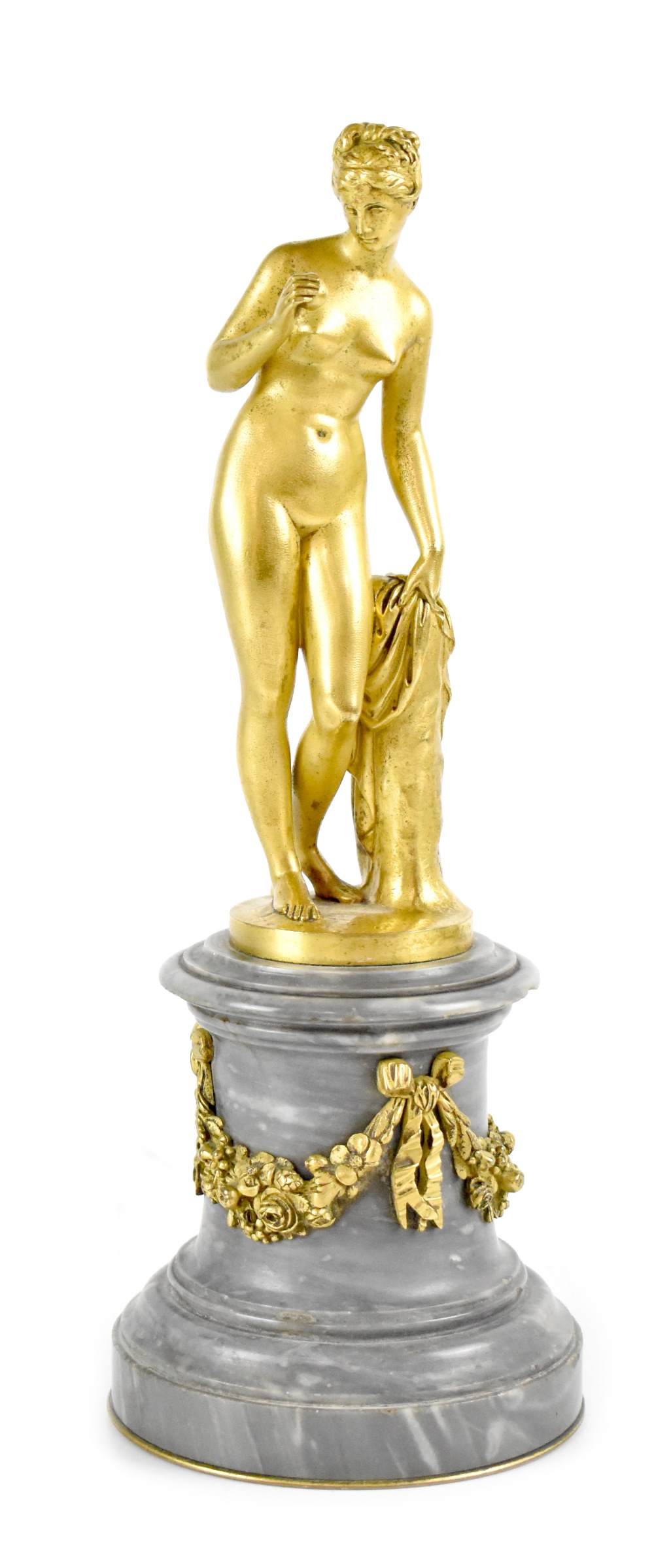 AFTER THORWALDSEN; a Belle Èpoque era gilded bronze of Eve holding a forbidden fruit,