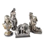 Four decorative bronzed figures to include one in the style of Rodin's 'The Lovers',