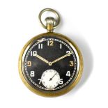 A base metal keyless wind military issue pocket watch with black dial,