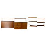 A 1960s retro teak string modular wall hanging system comprising a cupboard and drawer unit,