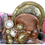 A quantity of mixed metalware to include brass and copper trays,