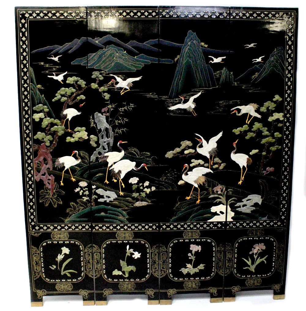 A modern Chinese black lacquer and Chinoiserie decorated four-leaf folding screen,