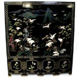 A modern Chinese black lacquer and Chinoiserie decorated four-leaf folding screen,