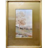 INDISTINCTLY SIGNED; watercolour, scenic wooded landscape with church tower in the distance,