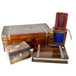 A Victorian mahogany brass-bound writing box (af), a 19th century two-section tea caddy (af),