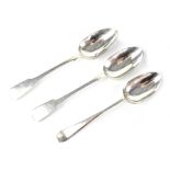 Three George II hallmarked silver table spoons to include a William Sumner & Richard Crossley,