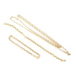 A 9ct gold chain necklace and two similar 9ct gold bracelets (one af), various marks,