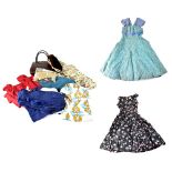 A quantity of vintage ladies' clothes to include a c1950s teal lace cocktail dress,