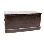 A 19th century stained pine sailor's trunk with black cast carrying handles to either side,