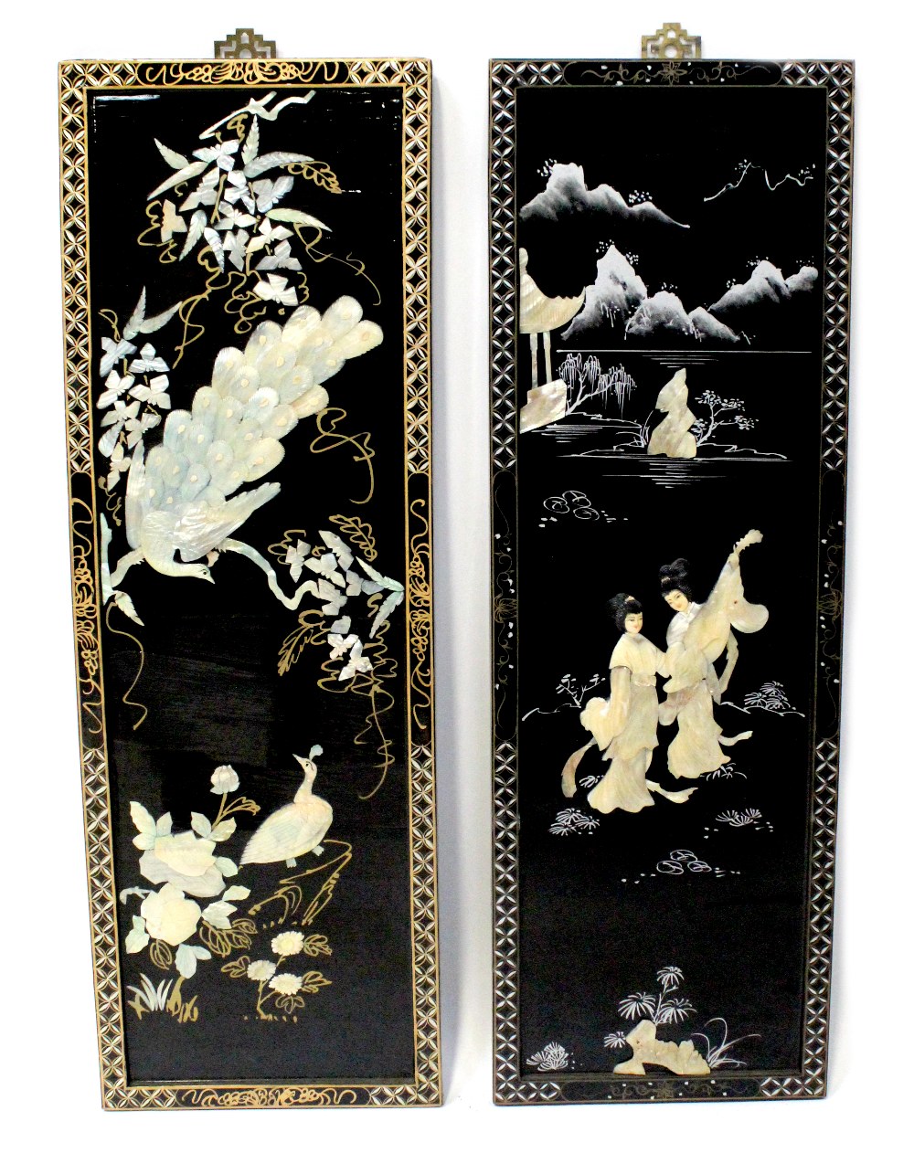 A modern Chinese black lacquered and Chinoiserie decorated pair of panels,