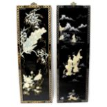 A modern Chinese black lacquered and Chinoiserie decorated pair of panels,