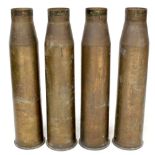 Four 1964 large artillery brass shell casings, one marked to the base in black 'ABDS-T A1 64-2P',
