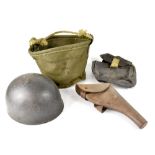 Various military items to include a military green canvas bucket-shaped bag with rope handle,