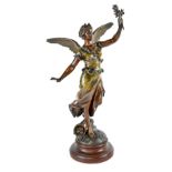 A large spelter female angelic winged figure in Classical garb holding aloft an olive branch,