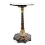 A Victorian black lacquered octagonal occasional table with tulip, flora and foliate inlay,