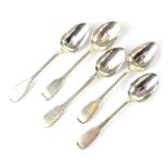 Five Irish silver teaspoons to include four by John Smyth, Dublin 1855 and a James Brady,