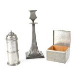 A hammered pewter cedar-lined trinket box and a similar sugar caster,