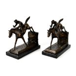 UNATTRIBUTED; a pair of bronze figures of jockeys in full race mode,