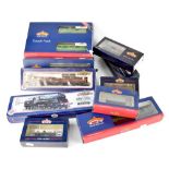 A group of ten Bachmann OO gauge model railway items to include a set of 'Bulleid Coaches BR Green