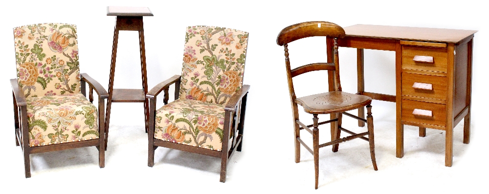 A pair of c1940s Utility-style armchairs with wooden arms, an Edwardian mahogany plant stand,