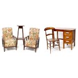 A pair of c1940s Utility-style armchairs with wooden arms, an Edwardian mahogany plant stand,