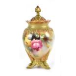 Royal Worcester; a signed Mabel Lander potpourri hand painted with roses and gilt-heightened,