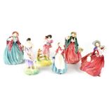 Six Royal Doulton figures comprising two HN1949 'Lady Charmian' in two colourways,