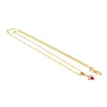 A 9ct gold necklace with tiny ruby and diamond set pendant, length 40cm, approx 2g.
