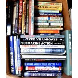 Two boxes of books relating mostly to U-Boats and submarines to include 'U-Boat Ace',