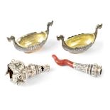 Two Norwegian sterling silver salts in the form of Viking ships with clear class liners,