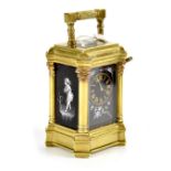 Henri Jacot; a late 19th century Paris France miniature gilt brass carriage clock,