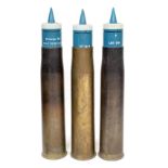 Three brass 105mm artillery shell casings with blue '105mm TK PRAC DS SX 385 GF (Lot 178, 164,