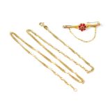 A 9ct gold bar brooch with pink gemstone set flower cluster,