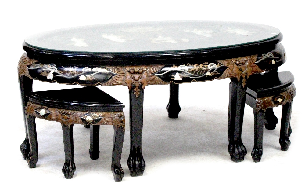 A modern Japanese black lacquer and Chinoiserie decorated table inlaid with hardstone scene of
