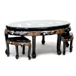 A modern Japanese black lacquer and Chinoiserie decorated table inlaid with hardstone scene of