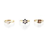 Three 9ct gold dress rings, one illusion set with diamond and sapphire cluster,
