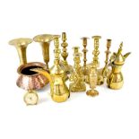 Various items of brassware to include three pairs of candlesticks,