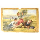 A 19th century watercolour depicting two girls putting hay on a sleeping boy during haymaking,