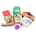 A quantity of vintage straw and raffia sewing boxes, vintage floral knitting bag,