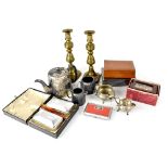 Various collectables to include a pair of brass candlesticks, three-piece plated tea set,