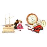 A decorative yacht in full sail, on rectangular wooden plinth, a Russ teddy bear on stand,