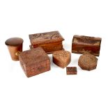 Six decorative treen boxes to include five decorative Indian floral carved boxes,