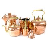 A small collection of copper to include two large copper kettles with brass handles and decoration,