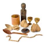 A mixed group of various treen items to include a carved wood Nordic figure shown with staff and
