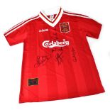 LIVERPOOL FOOTBALL CLUB; a replica shirt signed by Robbie Fowler, Ian Rush, Stan Collymore,