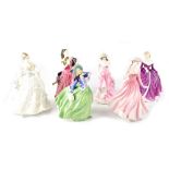 Six Royal Doulton figurines comprising RN835666 'Autumn Breezes', height 21cm, HN4201 'Chloe',